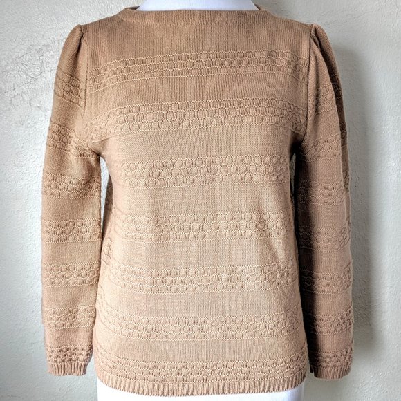 Twee Vintage Sweater Puffed Sleeves Boatneck Taupe 1970s 1980s Knit Grannycore - Picture 2 of 8